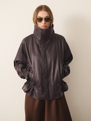 CERENE Wren Chocolate Brown Real Leather Funnel Neck Jacket - Image 1 of 12