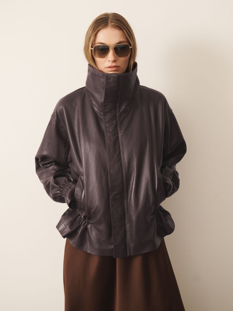 CERENE Wren Chocolate Brown Real Leather Funnel Neck Jacket - Image 1 of 12