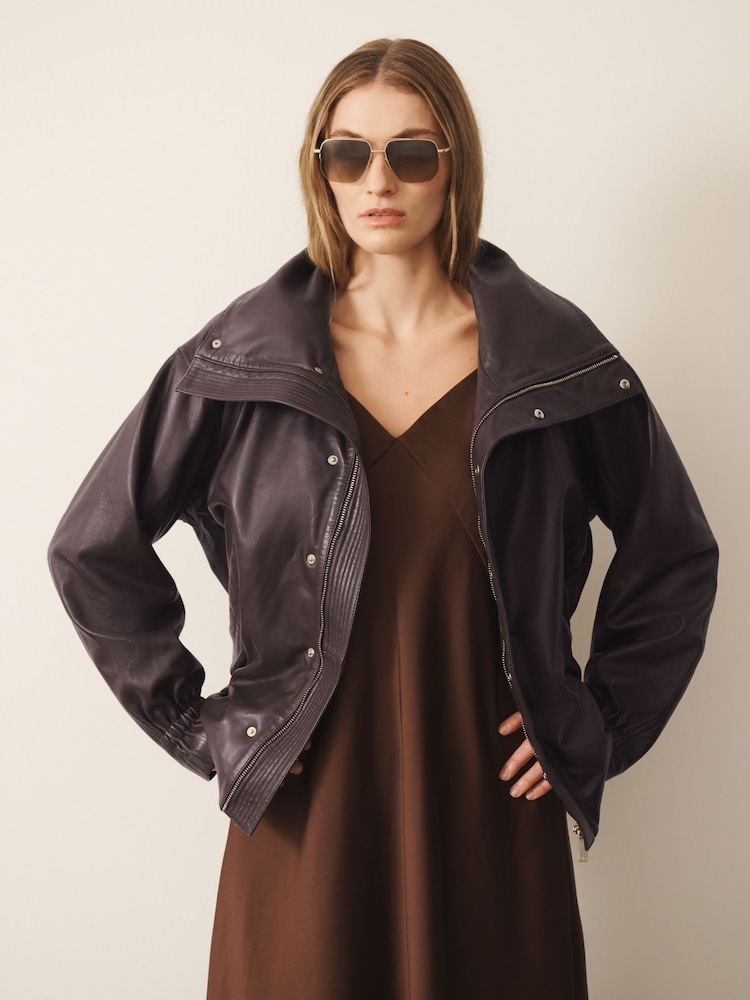 CERENE Wren Chocolate Brown Real Leather Funnel Neck Jacket - Image 2 of 12