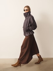 CERENE Wren Chocolate Brown Real Leather Funnel Neck Jacket - Image 3 of 12