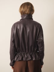 CERENE Wren Chocolate Brown Real Leather Funnel Neck Jacket - Image 4 of 12