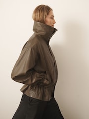 CERENE Wren Khaki Green Real Leather Funnel Neck Jacket - Image 2 of 12