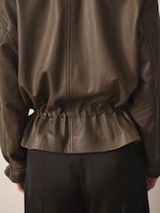 CERENE Wren Khaki Green Real Leather Funnel Neck Jacket - Image 4 of 12