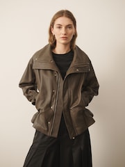 CERENE Wren Khaki Green Real Leather Funnel Neck Jacket - Image 5 of 12