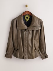 CERENE Wren Khaki Green Real Leather Funnel Neck Jacket - Image 6 of 12
