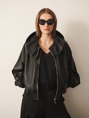 CERENE Elodie Black Real Leather Frill Collar Blouson Sleeve Jacket - Image 2 of 12