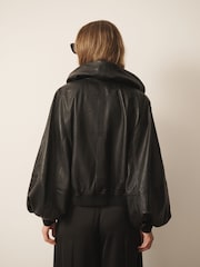 CERENE Elodie Black Real Leather Frill Collar Blouson Sleeve Jacket - Image 4 of 12