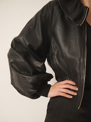 CERENE Elodie Black Real Leather Frill Collar Blouson Sleeve Jacket - Image 5 of 12