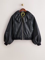 CERENE Elodie Black Real Leather Frill Collar Blouson Sleeve Jacket - Image 6 of 12