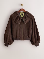 CERENE Elodie Chocolate Brown Real Suede Ruffle Collar Blouson Sleeve Jacket - Image 2 of 13