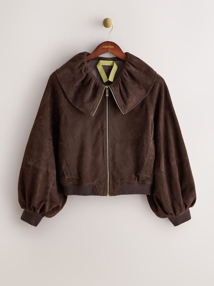CERENE Elodie Chocolate Brown Real Suede Ruffle Collar Blouson Sleeve Jacket - Image 2 of 13