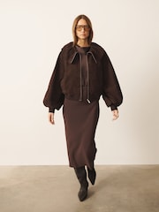CERENE Elodie Chocolate Brown Real Suede Ruffle Collar Blouson Sleeve Jacket - Image 3 of 13
