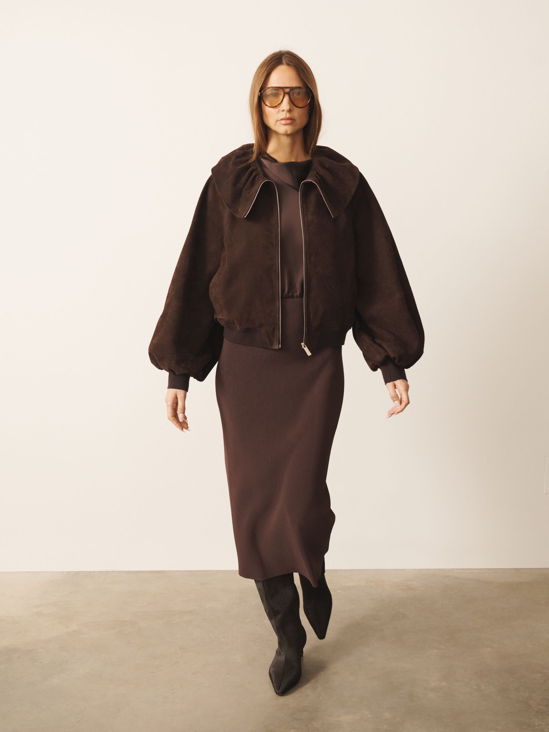 Buy CERENE Elodie Chocolate Brown Real Suede Ruffle Collar Blouson