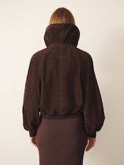 CERENE Elodie Chocolate Brown Real Suede Ruffle Collar Blouson Sleeve Jacket - Image 4 of 13