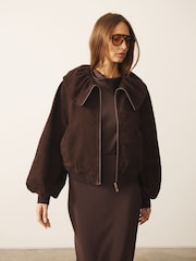CERENE Elodie Chocolate Brown Real Suede Ruffle Collar Blouson Sleeve Jacket - Image 5 of 13