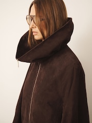 CERENE Elodie Chocolate Brown Real Suede Ruffle Collar Blouson Sleeve Jacket - Image 6 of 13
