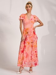 Orange - Jolie Moi Cap Sleeve Ruffle Mesh Maxi Dress - Bild 1 von 6