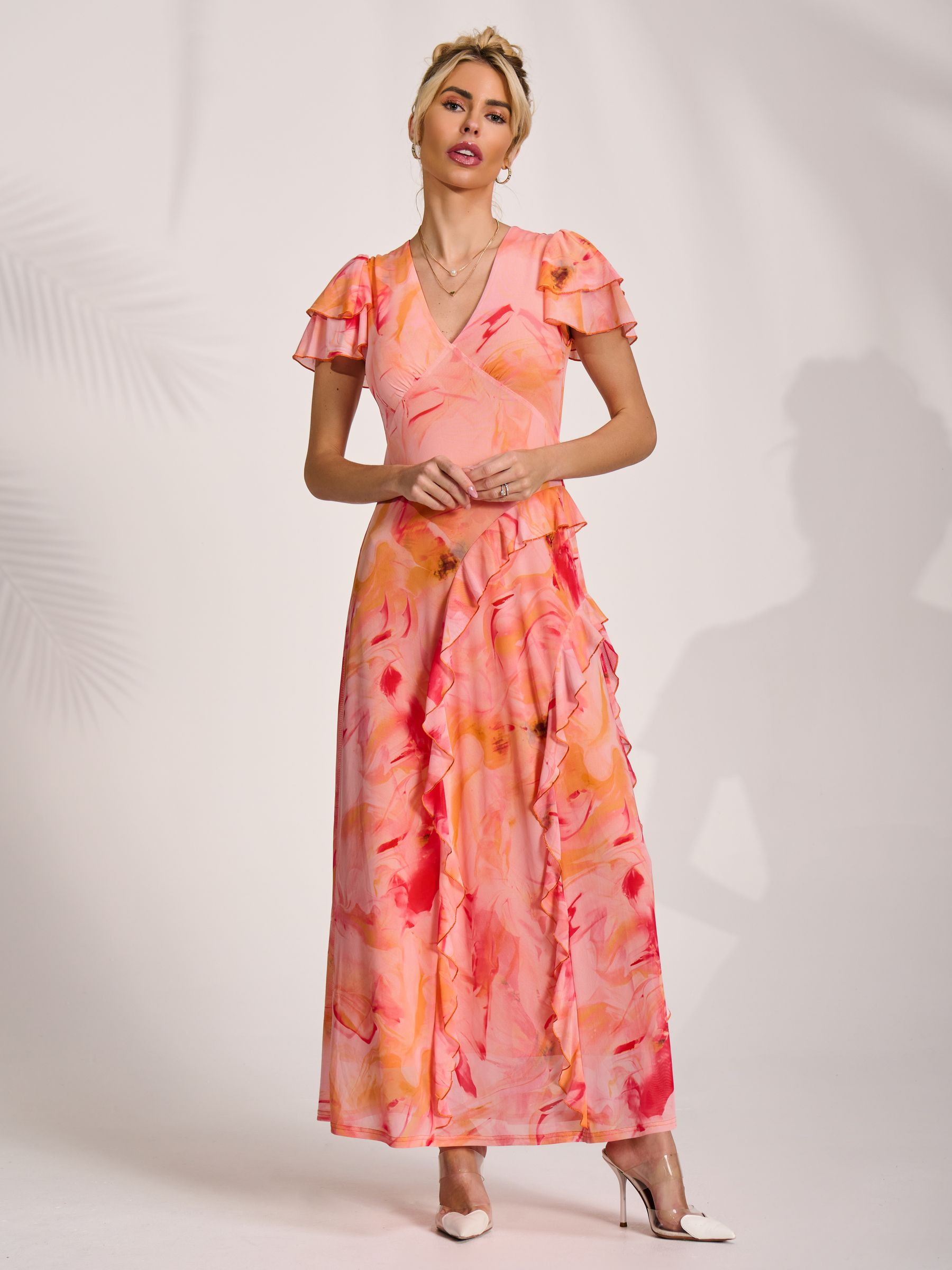 Buy Jolie Moi Orange Cap Sleeve Ruffle Mesh Maxi Dress from Next USA