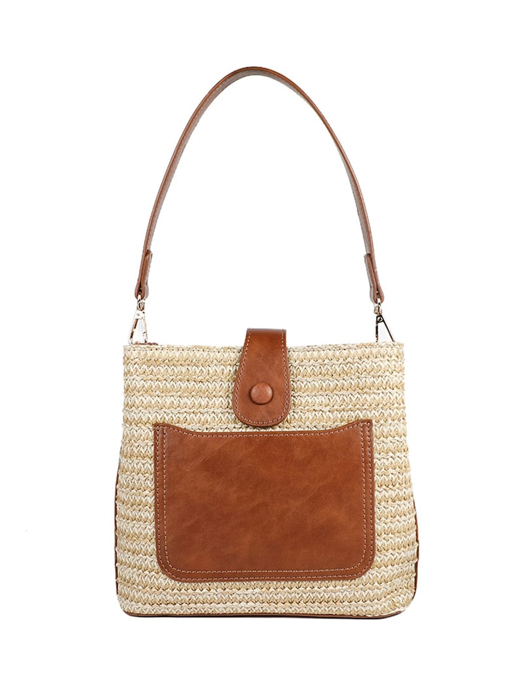 Pavers Brown Woven Shoulder Bag with Faux Leather Trim - Image 1 of 5 Pavers Brown Woven Shoulder Bag with Faux Leather Trim - Image 1 of 5