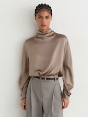 Reiss Neutral Meena Silk High-Neck Blouse - Image 1 of 8
