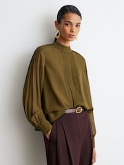 Reiss Khaki Green Ottilie Pintuck-Detail Tie-Back Blouse - Image 1 of 7