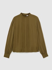 Reiss Khaki Green Ottilie Pintuck-Detail Tie-Back Blouse - Image 2 of 7