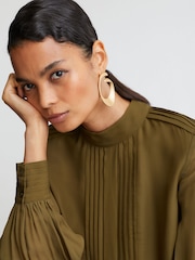 Reiss Khaki Green Ottilie Pintuck-Detail Tie-Back Blouse - Image 3 of 7