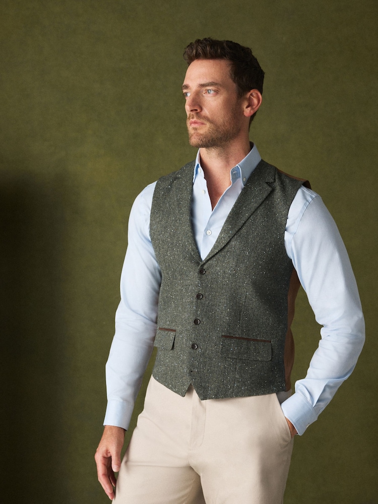 Khaki Green Wool Blend Donegal Textured Waistcoat - Image 1 of 4