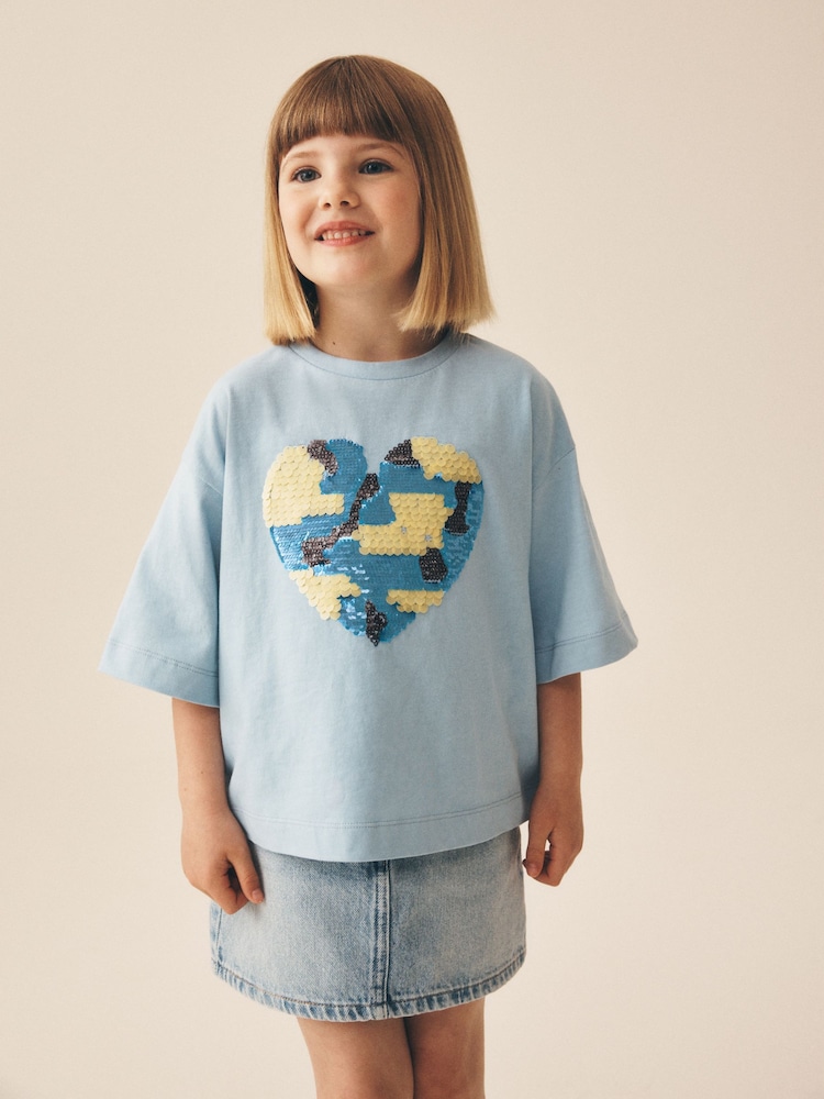 Light Blue Sequin Heart T-Shirt (3-16yrs) - Image 1 of 4