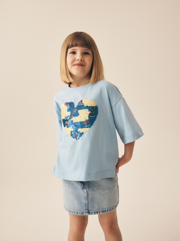 Light Blue Sequin Heart T-Shirt (3-16yrs) - Image 2 of 4