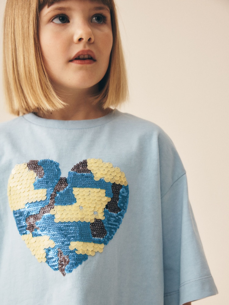 Light Blue Sequin Heart T-Shirt (3-16yrs) - Image 4 of 4