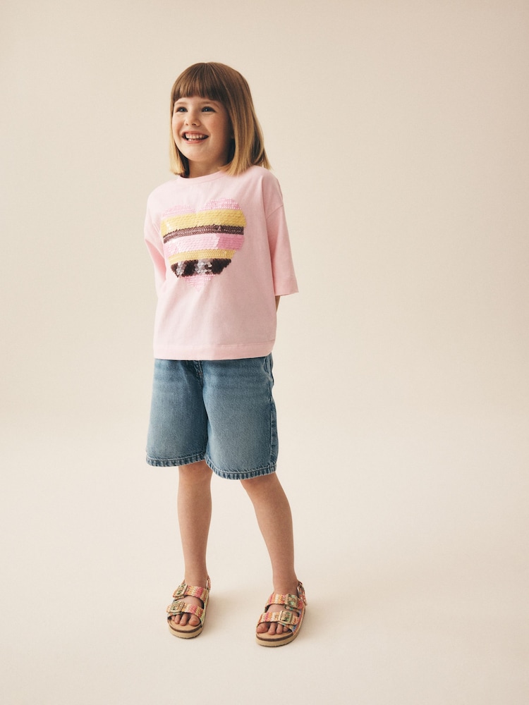 Light Pink Stripe Sequin Heart T-Shirt (3-16yrs) - Image 2 of 4