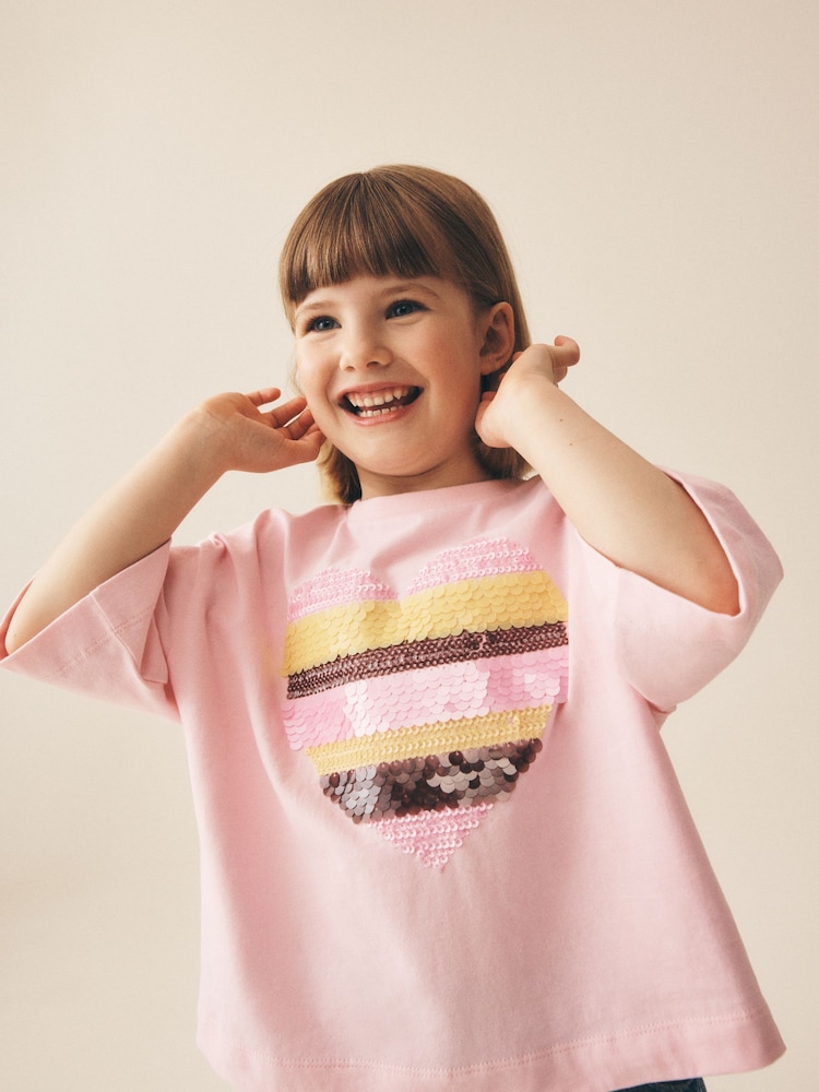 Light Pink Stripe Sequin Heart T-Shirt (3-16yrs) - Image 4 of 4