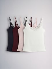 The Set 4 Pack Ribbed Lace Trim Cami Vests Burgundy/Navy Blue/Pink/Ecru - Image 1 of 7