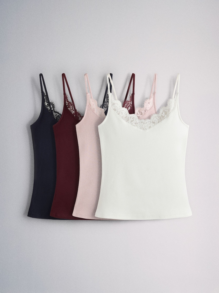 The Set 4 Pack Ribbed Lace Trim Cami Vests Burgundy/Navy Blue/Pink/Ecru - Image 1 of 7