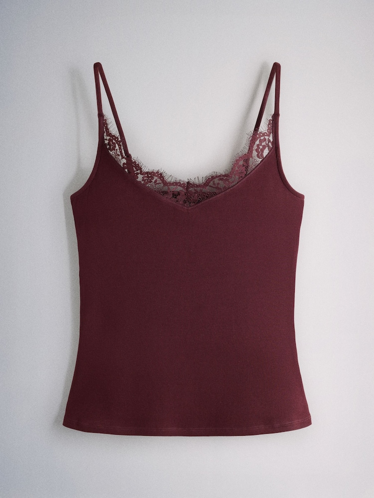 The Set 4 Pack Ribbed Lace Trim Cami Vests Burgundy/Navy Blue/Pink/Ecru - Image 2 of 7