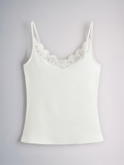 The Set 4 Pack Ribbed Lace Trim Cami Vests Burgundy/Navy Blue/Pink/Ecru - Image 3 of 7
