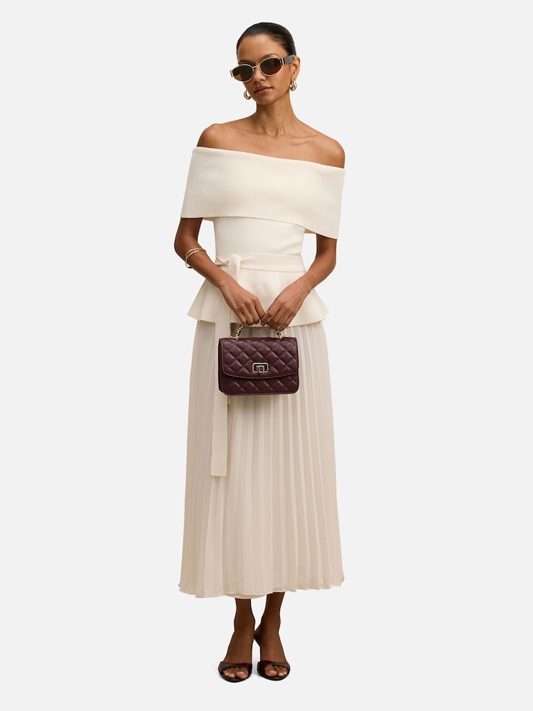 Forever New Cream Charlotte Petite Bardot Pleated Midi Dress - Image 1 of 4 Forever New Cream Charlotte Petite Bardot Pleated Midi Dress - Image 1 of 4