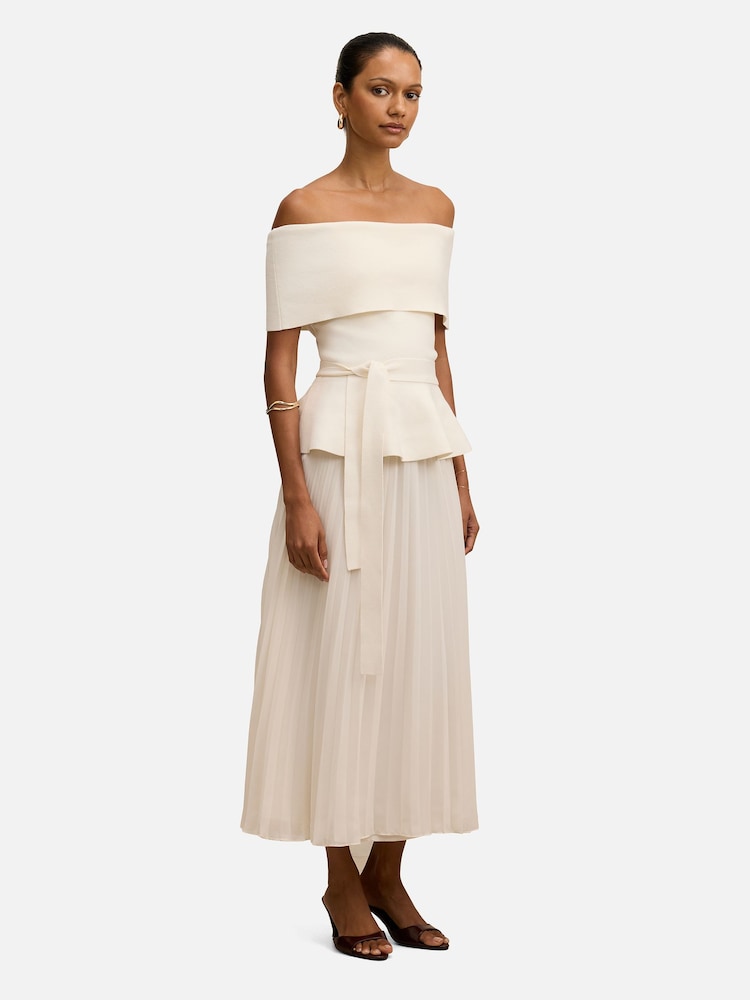 Forever New Cream Charlotte Petite Bardot Pleated Midi Dress - Image 4 of 4 Forever New Cream Charlotte Petite Bardot Pleated Midi Dress - Image 4 of 4