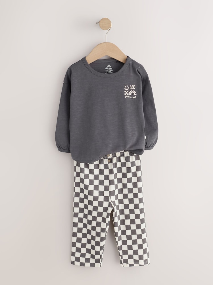 Charcoal Grey Checkerboard Baby Top and Wide Leg Leggings Set (0mths-2yrs) - Image 2 of 6