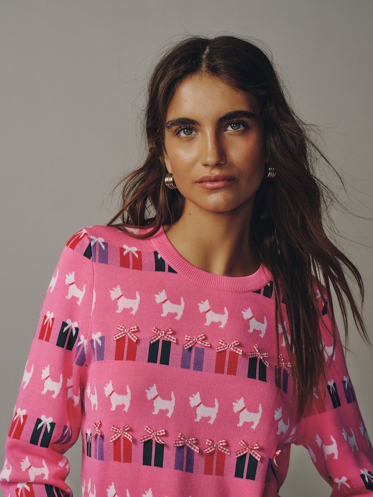 Pink Multi Dog Christmas Long Sleeve Jumper - Image 1 of 8 Pink Multi Dog Christmas Long Sleeve Jumper - Image 1 of 8