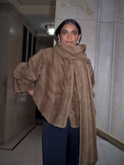 Mink Brown Faux Fur Short Coat With Scarf - Image 1 of 11