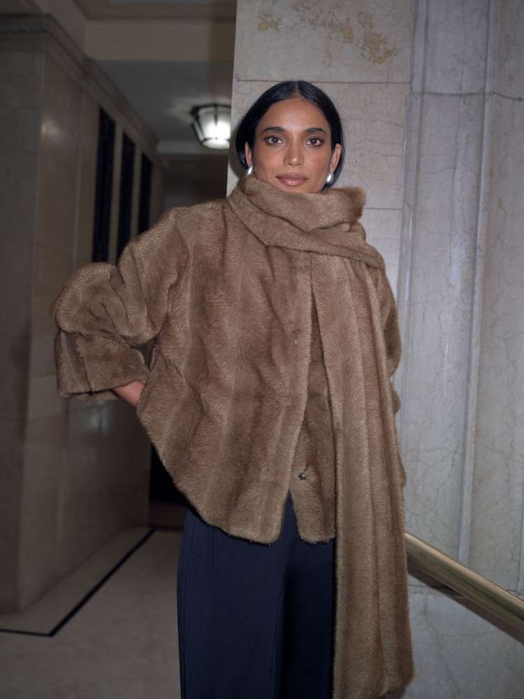 Mink Brown Faux Fur Short Coat With Scarf - Image 1 of 11 Mink Brown Faux Fur Short Coat With Scarf - Image 1 of 11