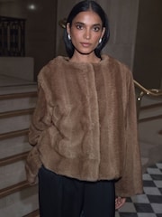 Mink Brown Faux Fur Short Coat With Scarf - Image 2 of 11