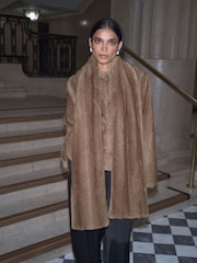 Mink Brown Faux Fur Short Coat With Scarf - Image 3 of 11