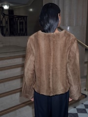 Mink Brown Faux Fur Short Coat With Scarf - Image 4 of 11