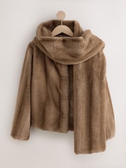 Mink Brown Faux Fur Short Coat With Scarf - Image 6 of 11