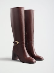 Friends Like These Burgundy Red Faux Leather Wide Fit Gold Buckle Detail Mid Block Heel Knee High Boots - Image 3 of 7