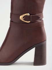 Friends Like These Burgundy Red Faux Leather Wide Fit Gold Buckle Detail Mid Block Heel Knee High Boots - Image 5 of 7