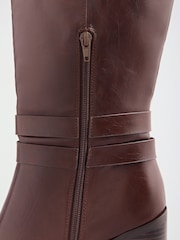 Friends Like These Burgundy Red Faux Leather Wide Fit Gold Buckle Detail Mid Block Heel Knee High Boots - Image 7 of 7